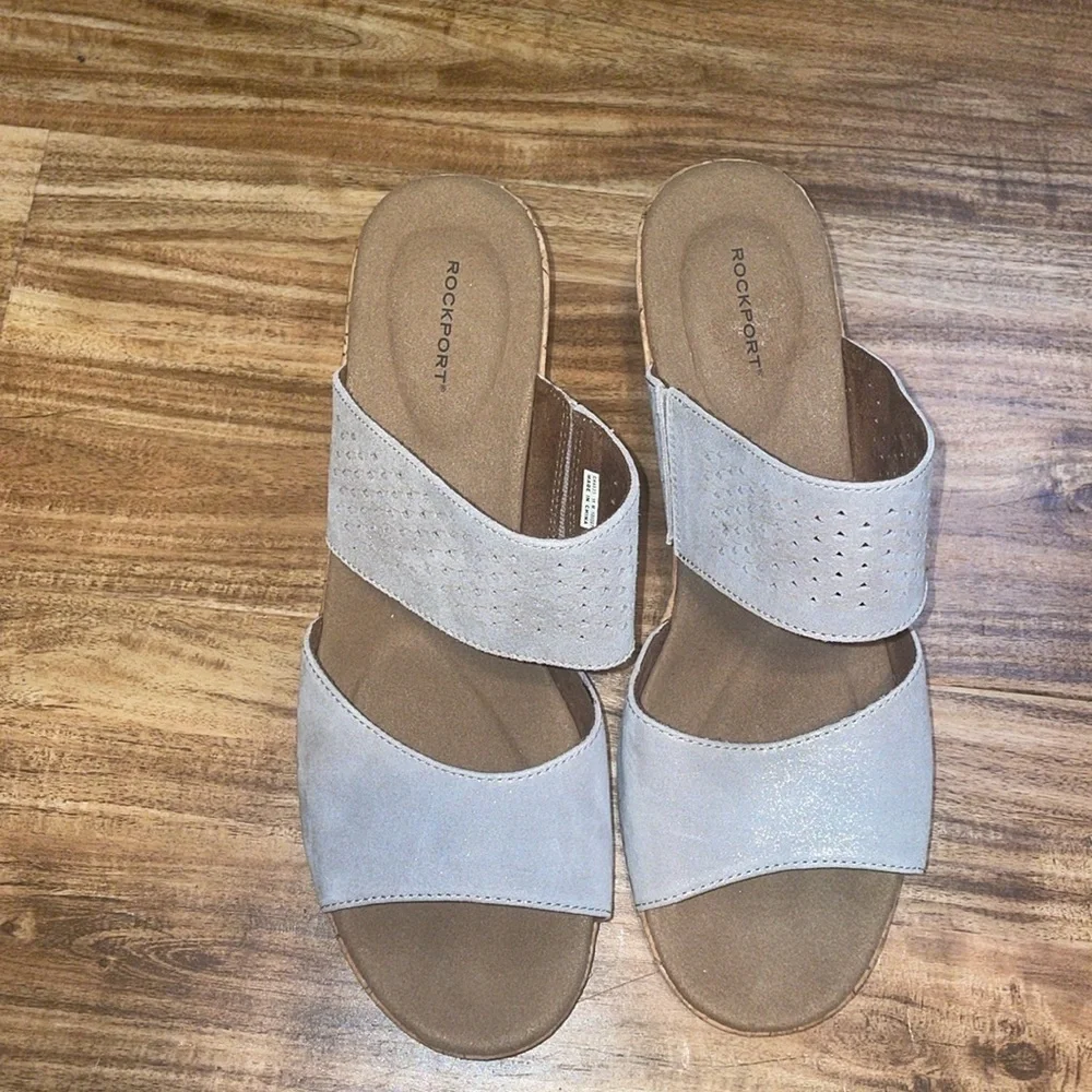 Rockport women’s sandals 11 wedge heel silver grey sparkle comfort stretch 3”